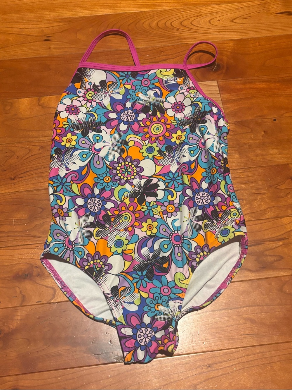 Speedo Girls Floral Multi-Color One-Piece Swimsuit with Pink Trim